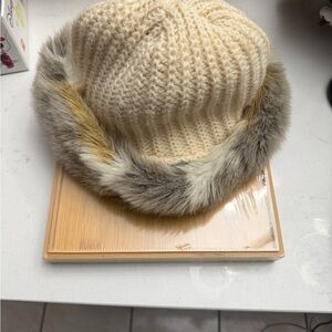 Cream Knit Hat with Faux Fur Trim